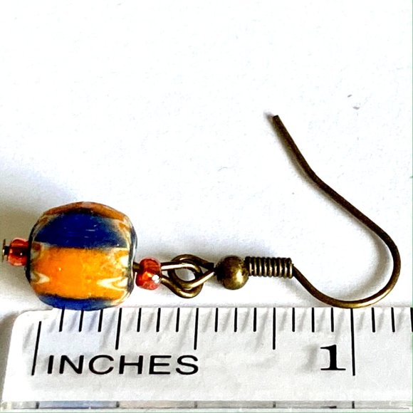 Vtg Murano Glass Bead Earrings Orange Blue White Hand Made Round Gold Tone Italy - Picture 9 of 9